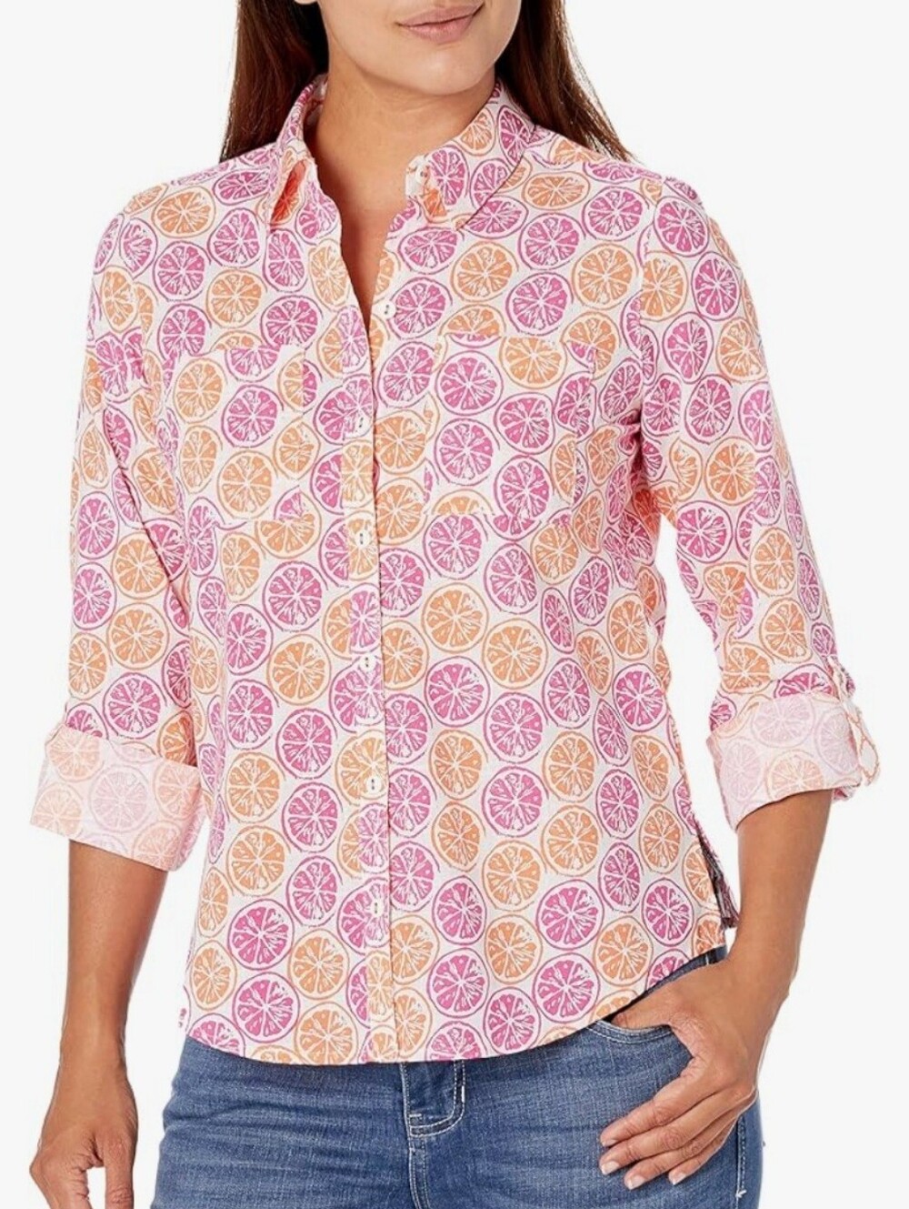 Foxcroft Womens Shirt Zoey Citrus Fruit Wrinkle Free Button Up Roll Tab 22W NWOT